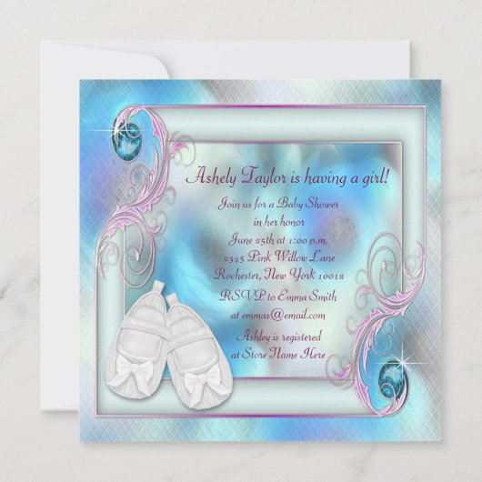 ティール(緑がかった色)ブルーパープルベビーガールシャワー招待状 招待状 (裏面)