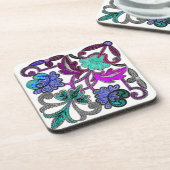 ティール（緑がかった色）ブルーパープルホワイトレース花 コースター (左側)