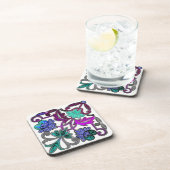 ティール（緑がかった色）ブルーパープルホワイトレース花 コースター (右側)