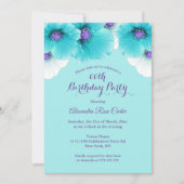ティール（緑がかった色）ブルーパープルポピーフローラ誕生日パーティー 招待状 (正面)