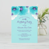 ティール（緑がかった色）ブルーパープルポピーフローラ誕生日パーティー 招待状 (スタンド正面)