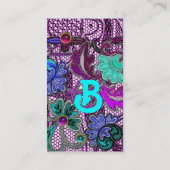 ティール(緑がかった色)ブルーパープルレース花のカラフル宝石 名刺 (裏面)