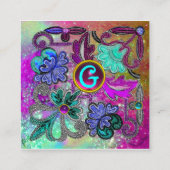 ティール（緑がかった色）ブルーパープルレース花宝石ブラック スクエア名刺 (裏面)