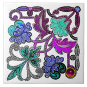 ティール(緑がかった色)ブルーパープルヴィンテージレース花カラフル玉 タイル (正面)