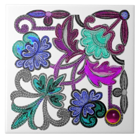 ティール（緑がかった色）ブルーパープルヴィンテージレース花カラフル玉 タイル (正面)