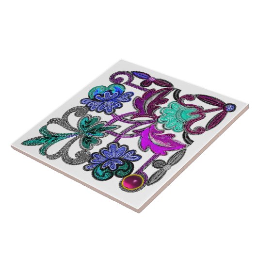 ティール(緑がかった色)ブルーパープルヴィンテージレース花カラフル玉 タイル (側面)