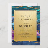 ティール(緑がかった色)ブルーパープル金ゴールドアゲート結婚ト 招待状 (正面)