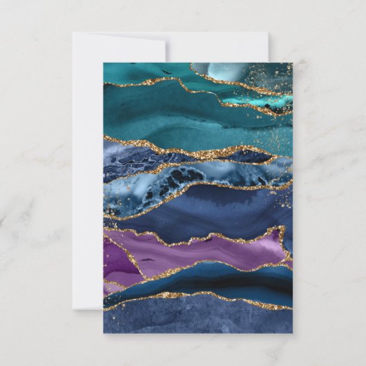 ティール（緑がかった色）ブルーパープル金ゴールドグリッターアゲート結婚ト 出欠カード (裏面)