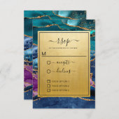 ティール（緑がかった色）ブルーパープル金ゴールドグリッターアゲート結婚ト 出欠カード (正面/裏面)