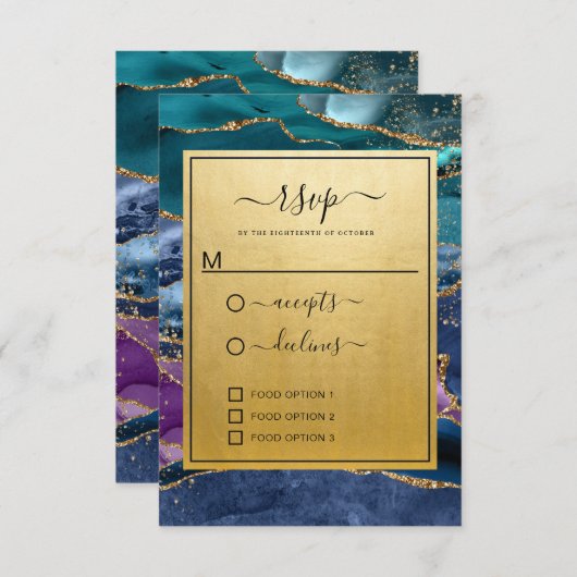 ティール（緑がかった色）ブルーパープル金ゴールドグリッターアゲート結婚ト 出欠カード (正面/裏面)