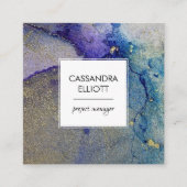 ティール(緑がかった色)ブルーパープル&金ゴールド抽象芸術リキッドアート スクエア名刺 (正面)