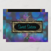 ティール(緑がかった色)ブルーパープルSweet sixteen誕生日パーティー 招待状 (正面/裏面)