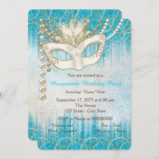 ティール(緑がかった色)ブルーパールウォーターカラーマスカレードパーティー 招待状 (正面/裏面)
