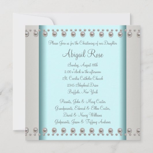 ティール（緑がかった色）ブルーパールクロスベビーバプテスマ《キリスト教》洗礼式や命名式 招待状 (裏面)