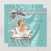 ティール（緑がかった色）ブルーパールチェアガールベビーシャワー招待状 招待状 (正面/裏面)