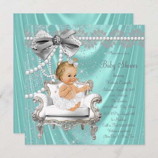ティール（緑がかった色）ブルーパールチェアガールベビーシャワー招待状 招待状 (正面/裏面)