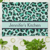 ティール(緑がかった色)ブルーヒョウ柄レトロキッチンタオル キッチンタオル (折り畳み)