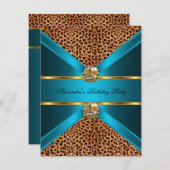ティール(緑がかった色)ブルーヒョウ金ゴールドエレガントブラック誕生日 招待状 (正面/裏面)
