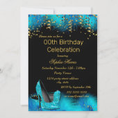 ティール(緑がかった色)ブルーヒール金ゴールドフェザーグリッター誕生日パーティー 招待状 (正面)