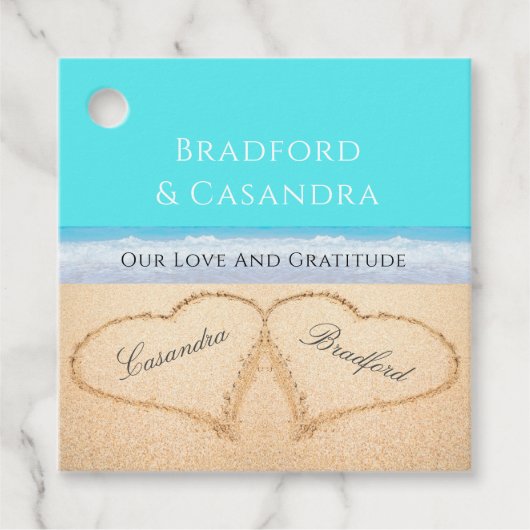 ティール(緑がかった色)ブルービーチ結婚式2ハートインザサンドナップ フェイバータグ (正面)