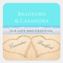 ティール（緑がかった色）ブルービーチ結婚式2ハートズインザサンド スクエアシール