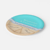 ティール（緑がかった色）ブルービーチ結婚式2ハートズインザサンド ペーパープレート (アングル)