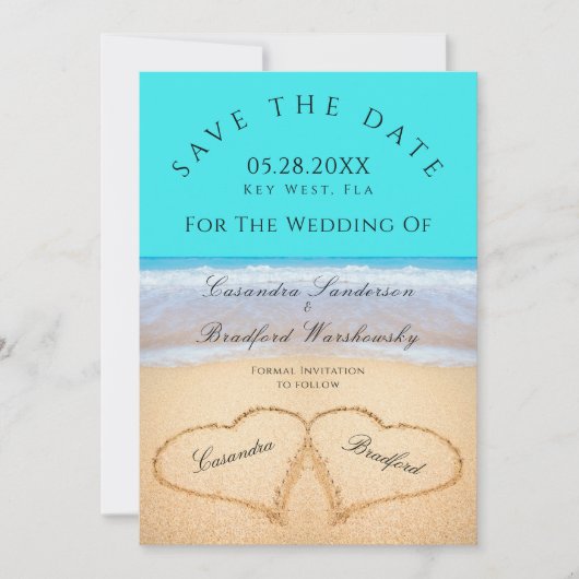 ティール(緑がかった色)ブルービーチ結婚式2ハートズインザサンド 招待状 (正面)