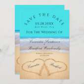 ティール(緑がかった色)ブルービーチ結婚式2ハートズインザサンド 招待状 (正面/裏面)