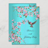 ティール（緑がかった色）ブルーピンクさくらんぼブロッサムバースデーパーティー 招待状 (正面/裏面)