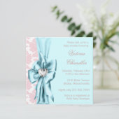 ティール（緑がかった色）ブルーピンクダマスコバウエレガントベビーガールシャワー 招待状 (スタンド正面)
