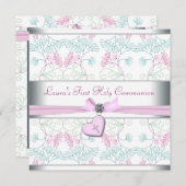 ティール（緑がかった色）ブルーピンクハートホワイトピンククロスファースト 招待状 (正面/裏面)