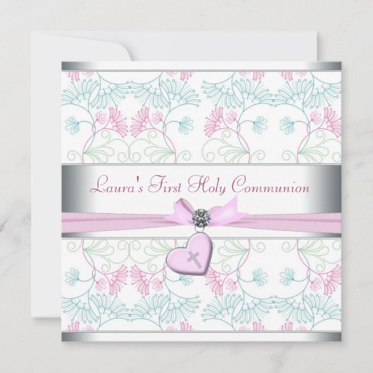 ティール（緑がかった色）ブルーピンクハートホワイトピンククロスファースト 招待状 (正面)