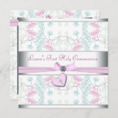 ティール（緑がかった色）ブルーピンクハートホワイトピンククロスファースト 招待状 (正面/裏面)