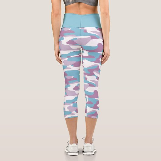 ティール(緑がかった色)ブルーピンクパープルホワイトカモフラージパターン カプリレギンス (裏面)