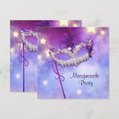ティール(緑がかった色)ブルーピンクパープルマスカレードパーティー 招待状 (正面/裏面)