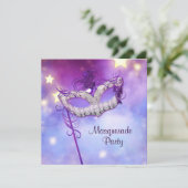 ティール(緑がかった色)ブルーピンクパープルマスカレードパーティー 招待状 (スタンド正面)