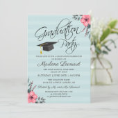 ティール(緑がかった色)ブルーピンクフローラ金ゴールドスクリプト写真卒業 招待状 (スタンド正面)