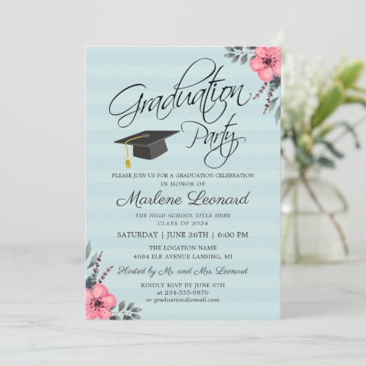 ティール(緑がかった色)ブルーピンクフローラ金ゴールドスクリプト写真卒業 招待状 (スタンド正面)