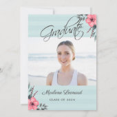 ティール(緑がかった色)ブルーピンクフローラ金ゴールドスクリプト写真卒業 招待状 (裏面)