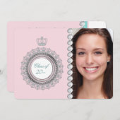 ティール(緑がかった色)ブルーピンクプリンセス卒業発表 招待状 (正面/裏面)