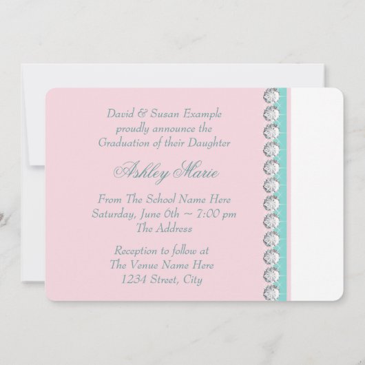 ティール(緑がかった色)ブルーピンクプリンセス卒業発表 招待状 (裏面)