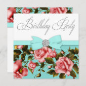 ティール(緑がかった色)ブルーピンクローズバースデーパーティー 招待状 (正面/裏面)