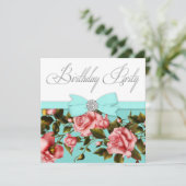 ティール(緑がかった色)ブルーピンクローズバースデーパーティー 招待状 (スタンド正面)