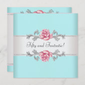 ティール（緑がかった色）ブルーピンクローズ女性50thバースデーパーティー 招待状 (正面/裏面)