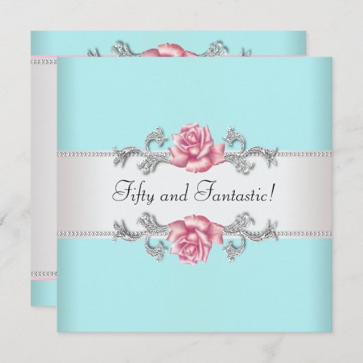 ティール（緑がかった色）ブルーピンクローズ女性50thバースデーパーティー 招待状 (正面/裏面)