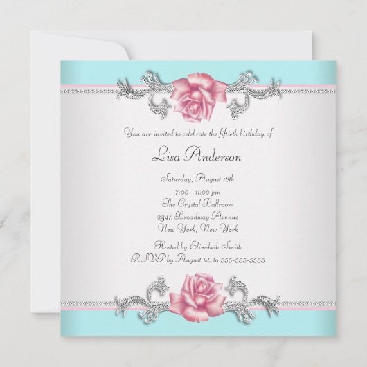ティール（緑がかった色）ブルーピンクローズ女性50thバースデーパーティー 招待状 (裏面)