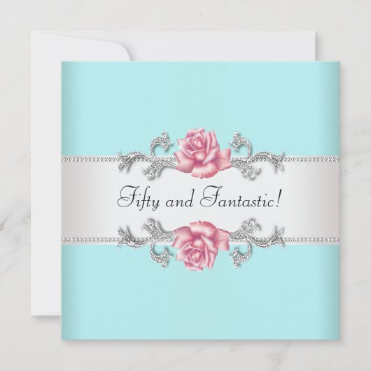 ティール（緑がかった色）ブルーピンクローズ女性50thバースデーパーティー 招待状 (正面)