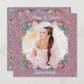 ティール(緑がかった色)ブルーピンク写真キンセアニェラ 招待状 (正面/裏面)