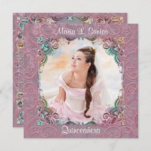 ティール（緑がかった色）ブルーピンク写真キンセアニェラ 招待状 (正面/裏面)