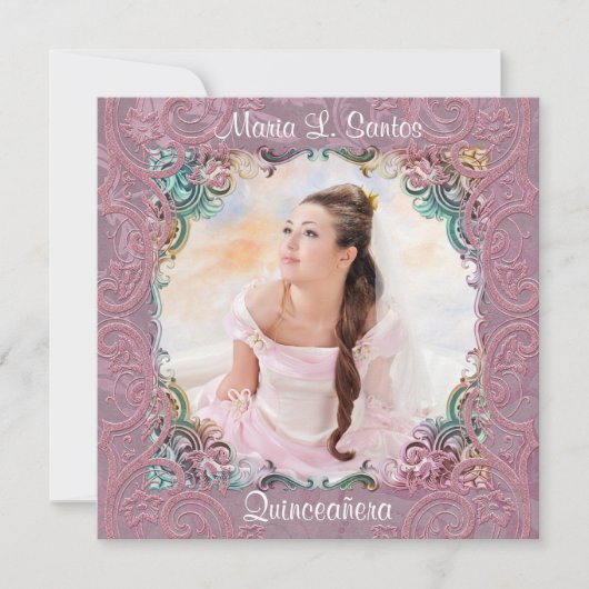 ティール(緑がかった色)ブルーピンク写真キンセアニェラ 招待状 (正面)